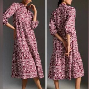Anthropologie Maeve The Bettina Tiered Shirt Midi Dress in Wine Geometric Aztec